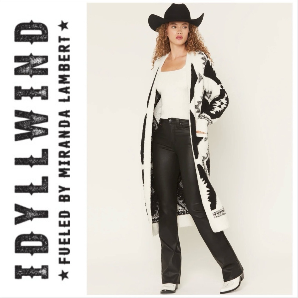 IDYLLWIND PRAIRIE SOUTHWESTERN PRINT COZY LONG CARDIGAN Black & White Pattern